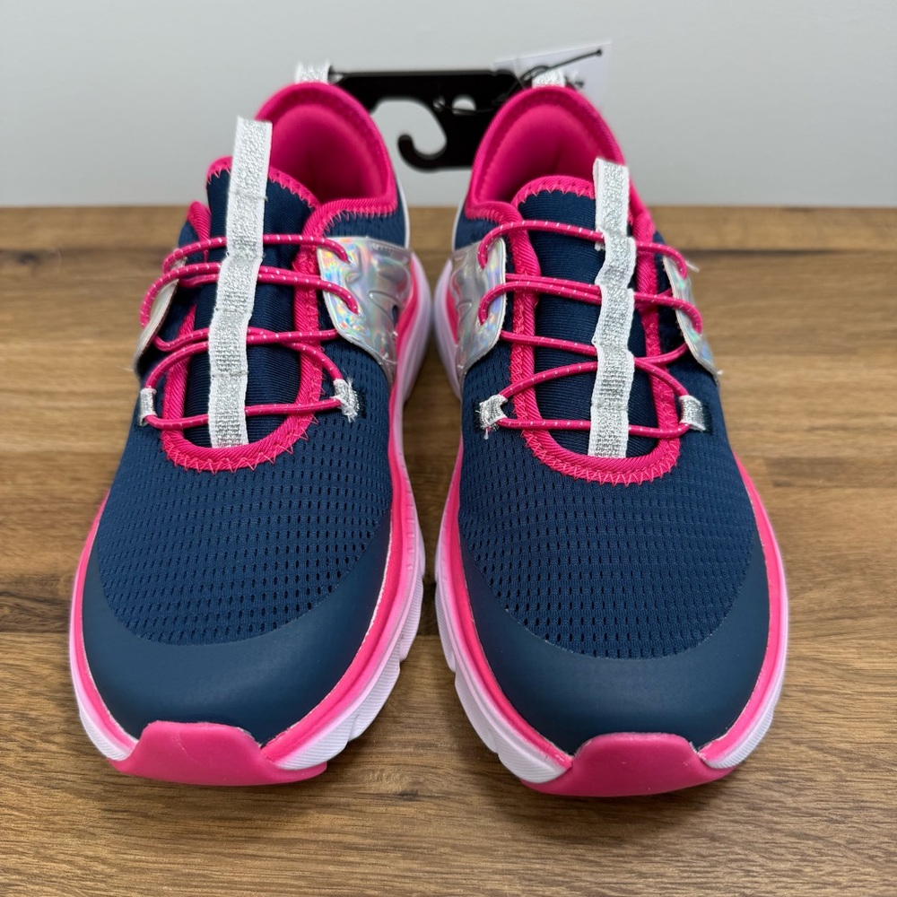 NWT Athletic Works Cage Knit Slip On Sneakers Navy Pink Silver Girls Size 3